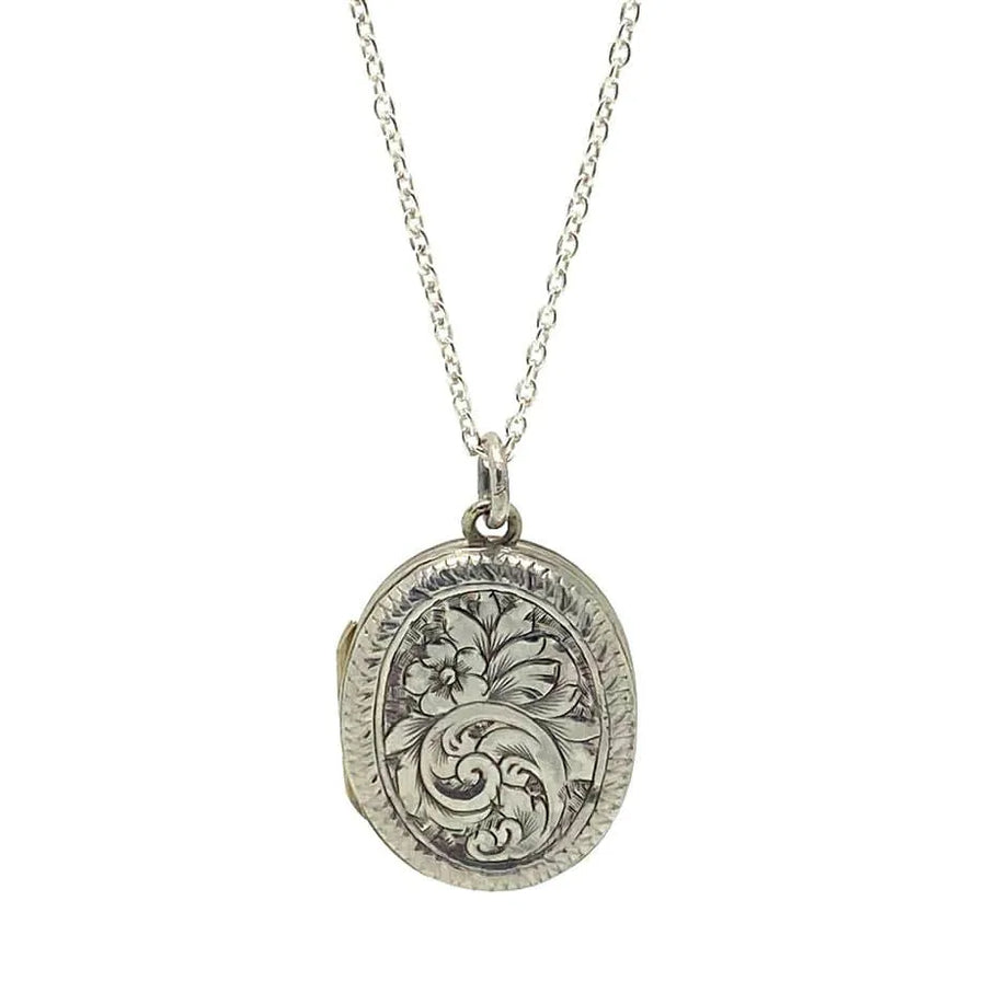 Antique Edwardian Engraved Silver Locket Necklace - Mayveda Jewelry