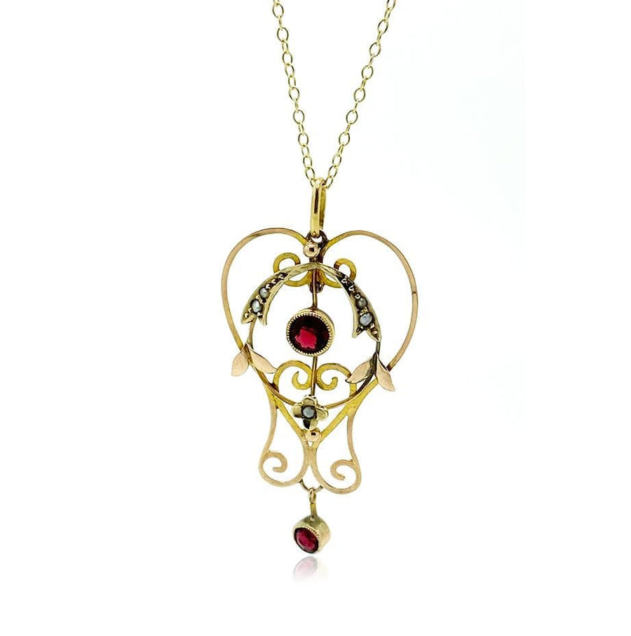 EDWARDIAN Necklace Antique Edwardian Garnet & Pearl 9ct Gold Pendant Necklace