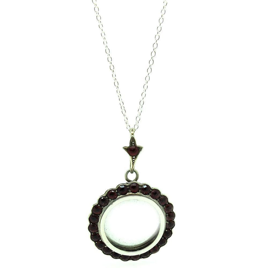 Antique Edwardian Garnet Silver Glass Locket Necklace