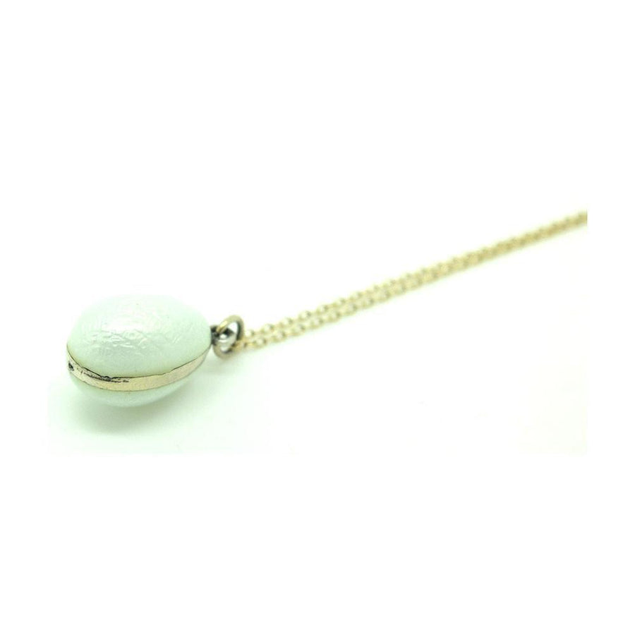 Antique Edwardian White Enamel Silver Egg Necklace