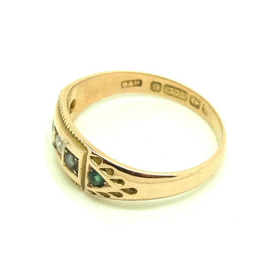 Antique 1905 Edwardian Diamond & Green Garnet 9ct Gold Ring