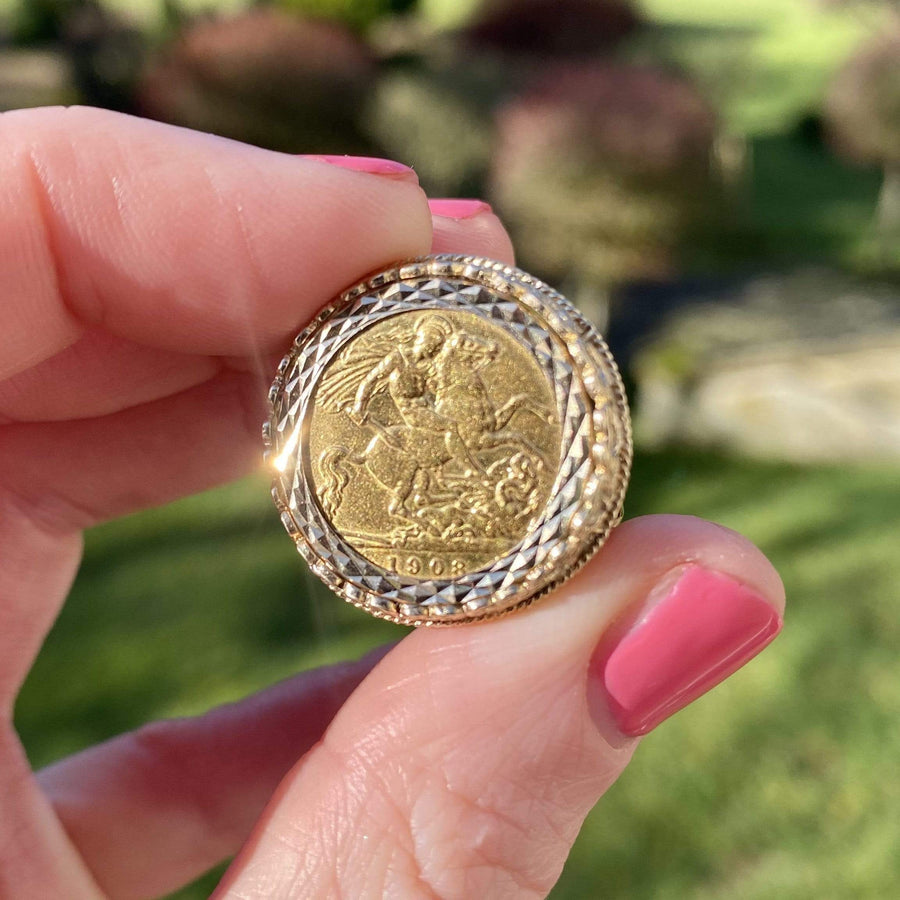 EDWARDIAN Ring Antique 1908 22ct Half Sovereign Coin Ring
