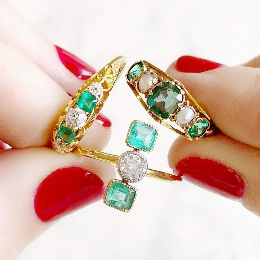 Antique Edwardian Diamond Emerald 18ct Gold Ring