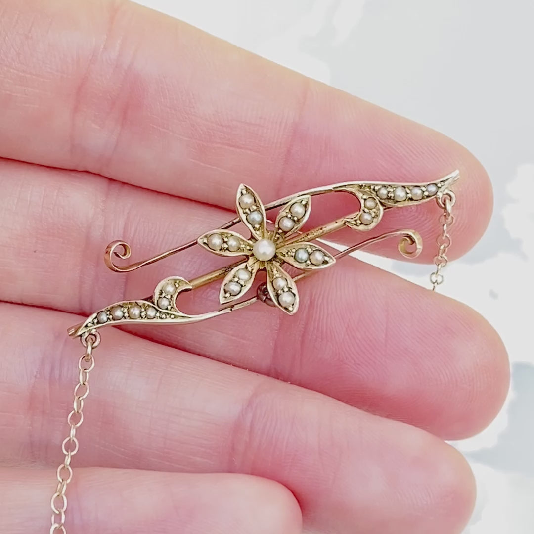 Victorian Seed Pearl Flower 15K Gold Antique Pendant Necklace, video