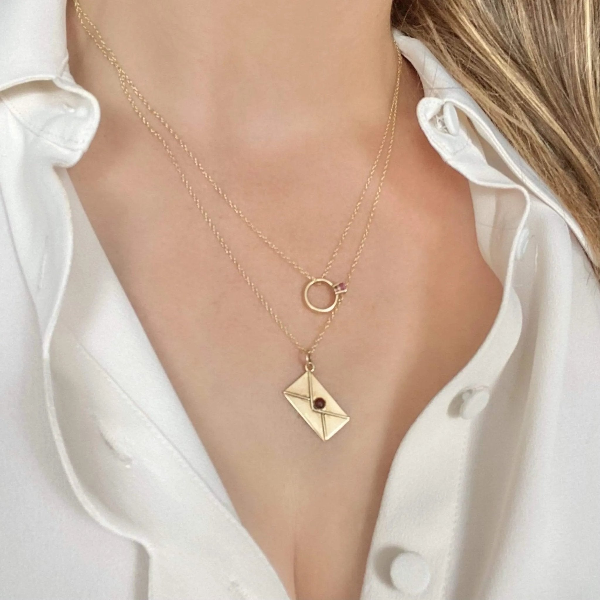 Handmade 14ct Gold Garnet Love Letter Charm Necklace, view 6