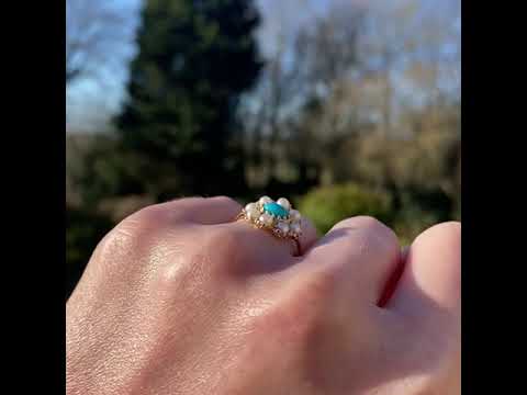 Vintage Turquoise Pearl 9ct Gold Flower Ring