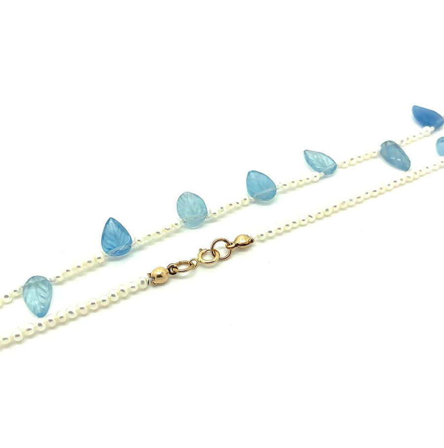 Mayveda Jewellery Necklace Handmade Carved Aquamarine & Seed Pearl Beaded Necklace Mayveda Jewellery