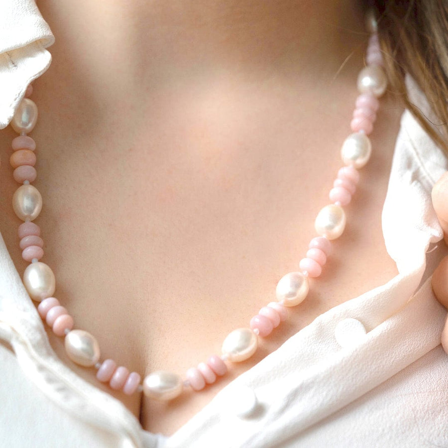 Mayveda Jewellery Necklaces Handmade Pink Opal & White Pearl Beaded Necklace Mayveda Jewellery