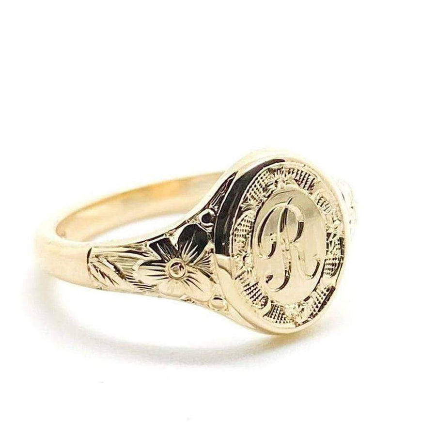 Mayveda Jewellery Ring Single Initial with Border Handmade Mayveda 18ct Gold Engraved Signet Ring Mayveda Jewellery