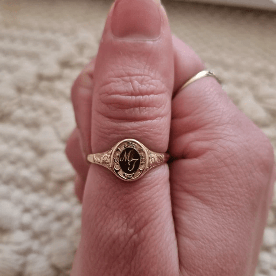 Mayveda Jewellery Ring Two Initials with Border Handmade Mayveda 18ct Gold Engraved Signet Ring Mayveda Jewellery