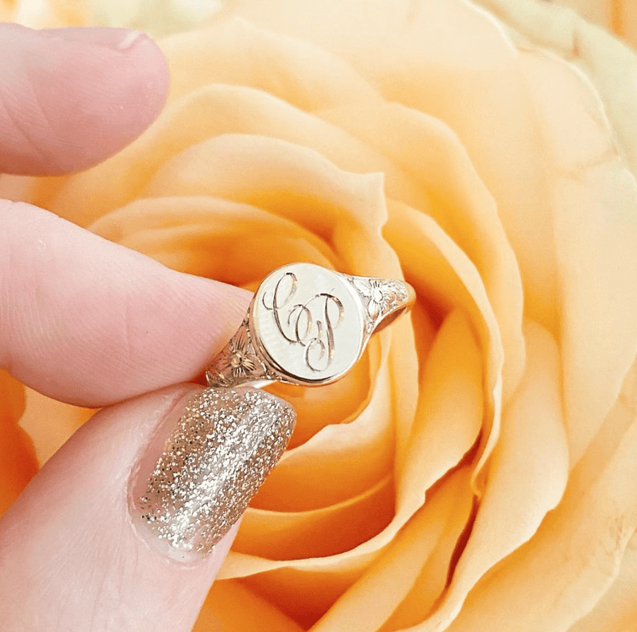 Mayveda Jewellery Ring Two Initials without Border Handmade Mayveda 18ct Gold Engraved Signet Ring Mayveda Jewellery