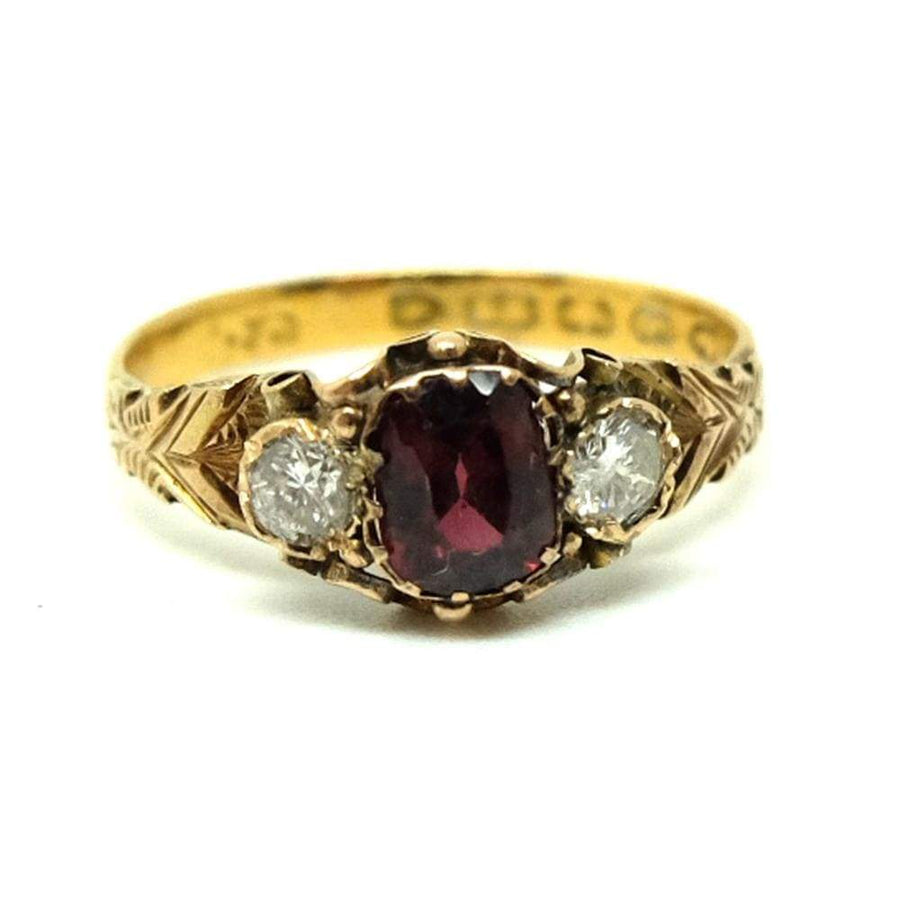 Antiguo anillo victoriano de oro de 22 quilates con granate de diamantes de 1857