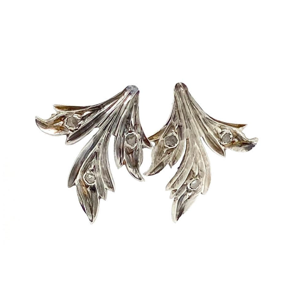 Vintage Diamond 9ct Gold Foil Backed Silver Leaf Stud Earrings