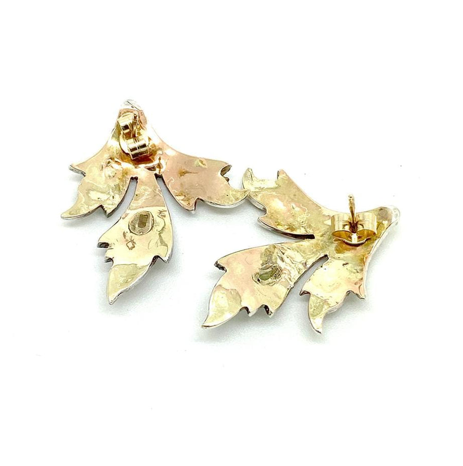 Vintage Diamond 9ct Gold Foil Backed Silver Leaf Stud Earrings