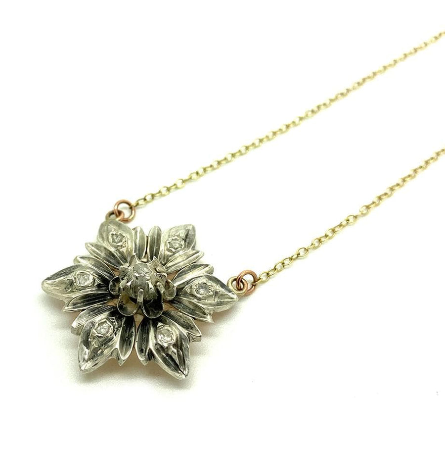 Collier fleur en argent adossé à une feuille d'or 9 carats et diamants vintage