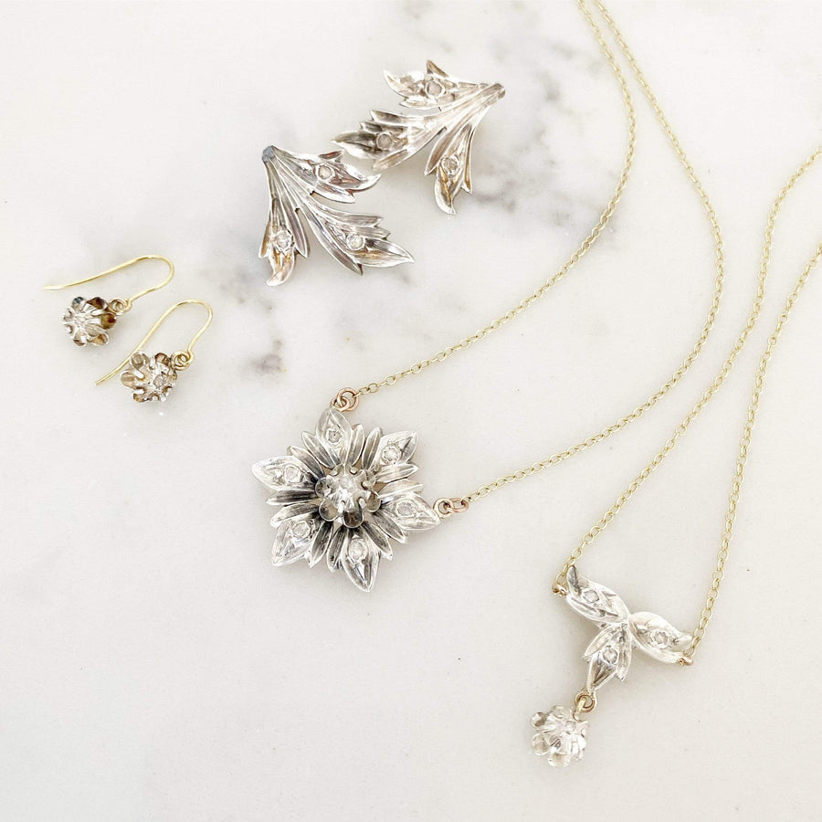 Collar vintage de flores de plata con respaldo de lámina de oro de 9 quilates y diamantes