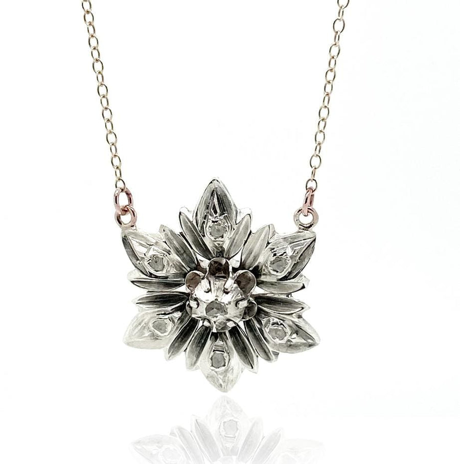 MODERN Necklace Georgian Style Silver 9ct Gold Foil Backed Diamond Flower Necklace