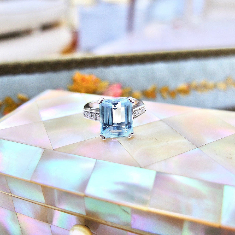 MODERN Ring Emerald Cut 6ct Blue Aquamarine Diamond Ring Mayveda Jewellery