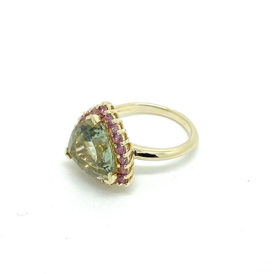 Trillion Cut Green Quartz Pink Sapphire 9ct Gold Ring