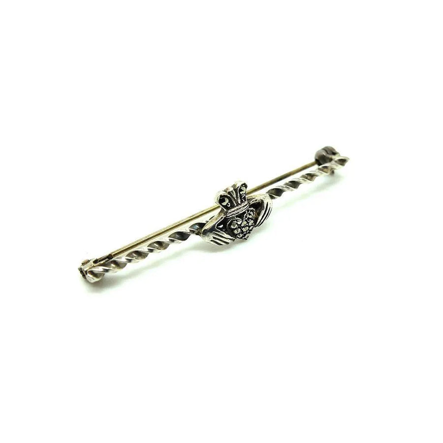 Vintage 1930 Marcasite Claddagh Sterling Silver Brooch - Mayveda Jewelry