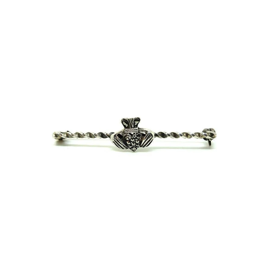 Vintage 1930 Marcasite Claddagh Sterling Silver Brooch - Mayveda Jewelry