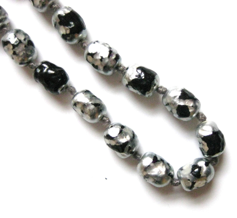 Vintage 1920s Long Silver & Black Glass Necklace