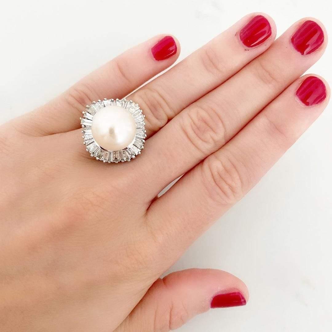 Pearl and 2.35 Carat Baguette Diamond 18K White Gold Ballerina Ring, view 9