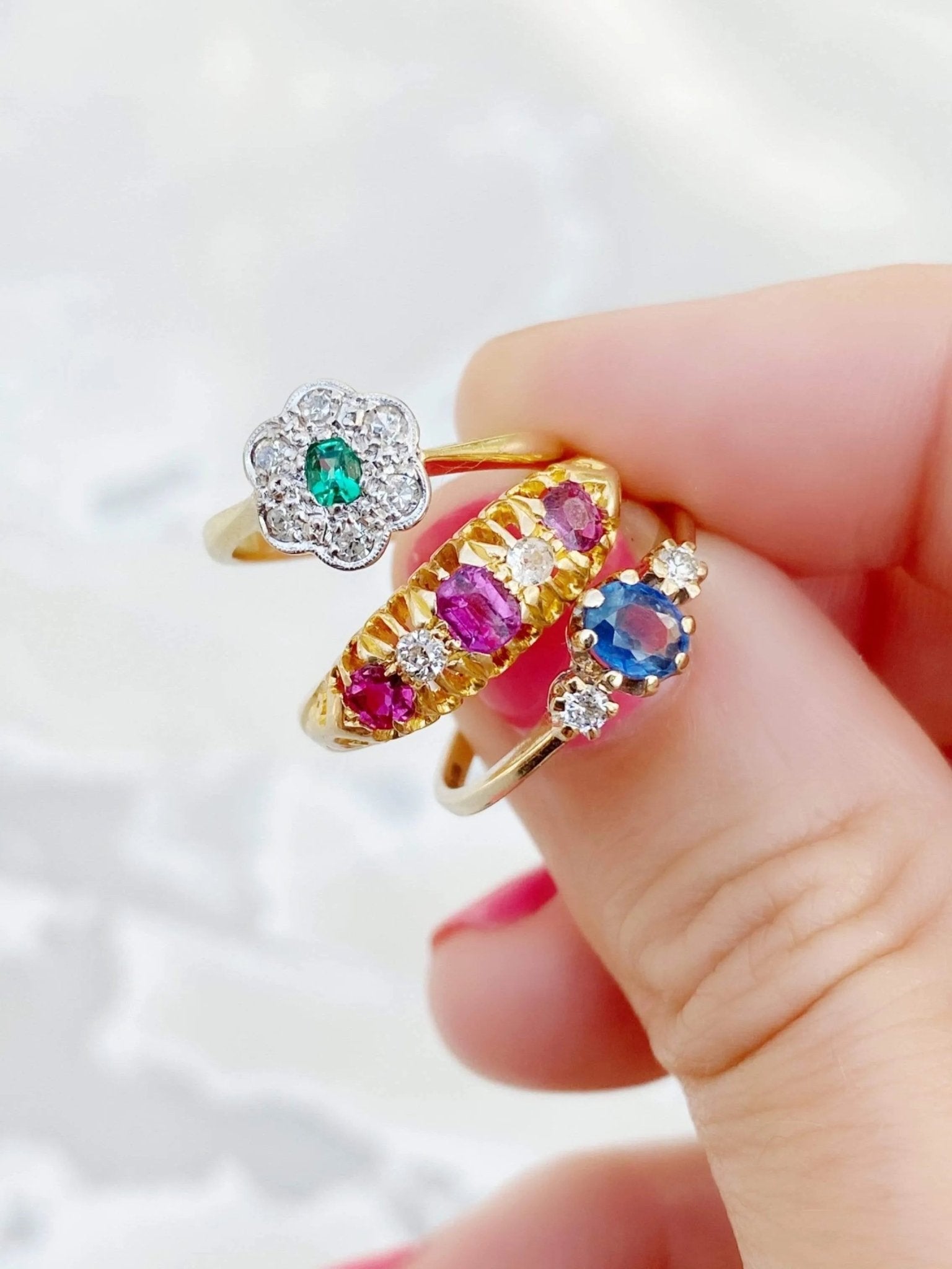 Antique Edwardian Emerald Diamond Daisy Ring, view 11
