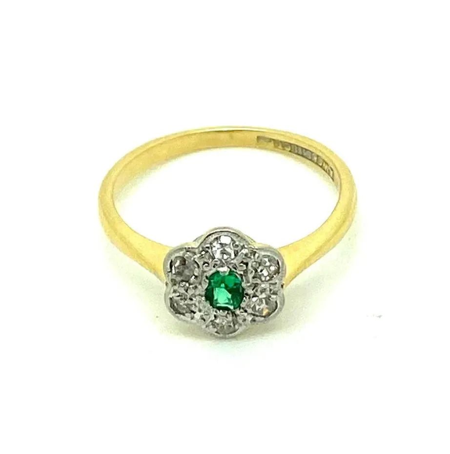 Antique Edwardian Emerald Diamond Daisy Ring, view 4