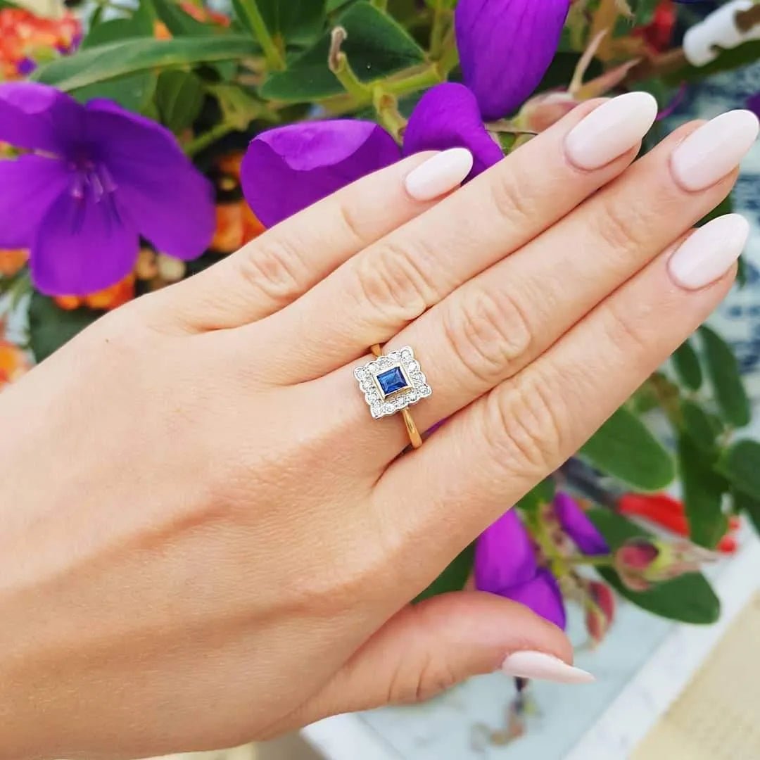 Art Deco 1920s Blue Sapphire Diamond Platinum 18ct Gold Ring, view 3