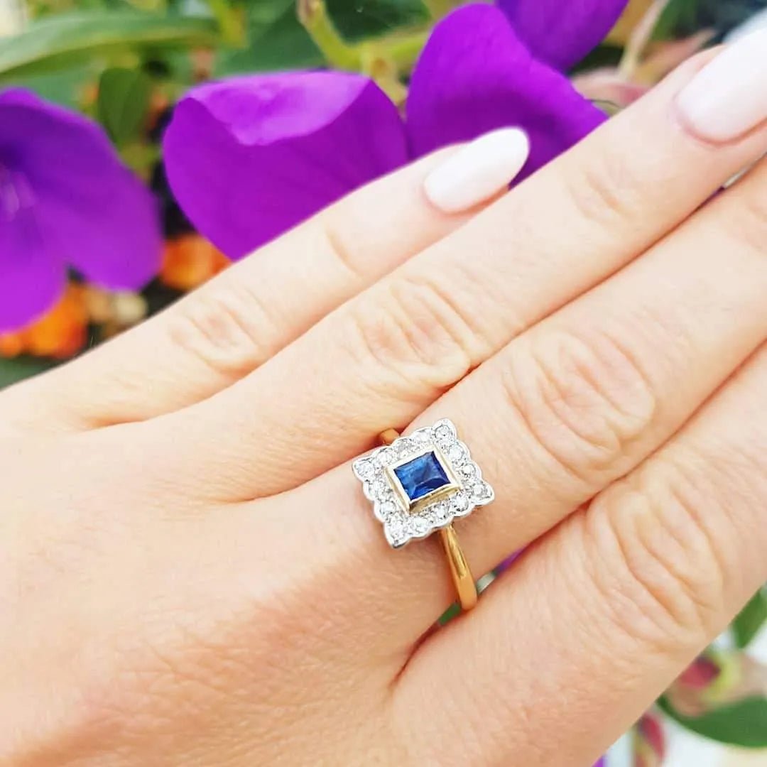 Art Deco 1920s Blue Sapphire Diamond Platinum 18ct Gold Ring, view 6