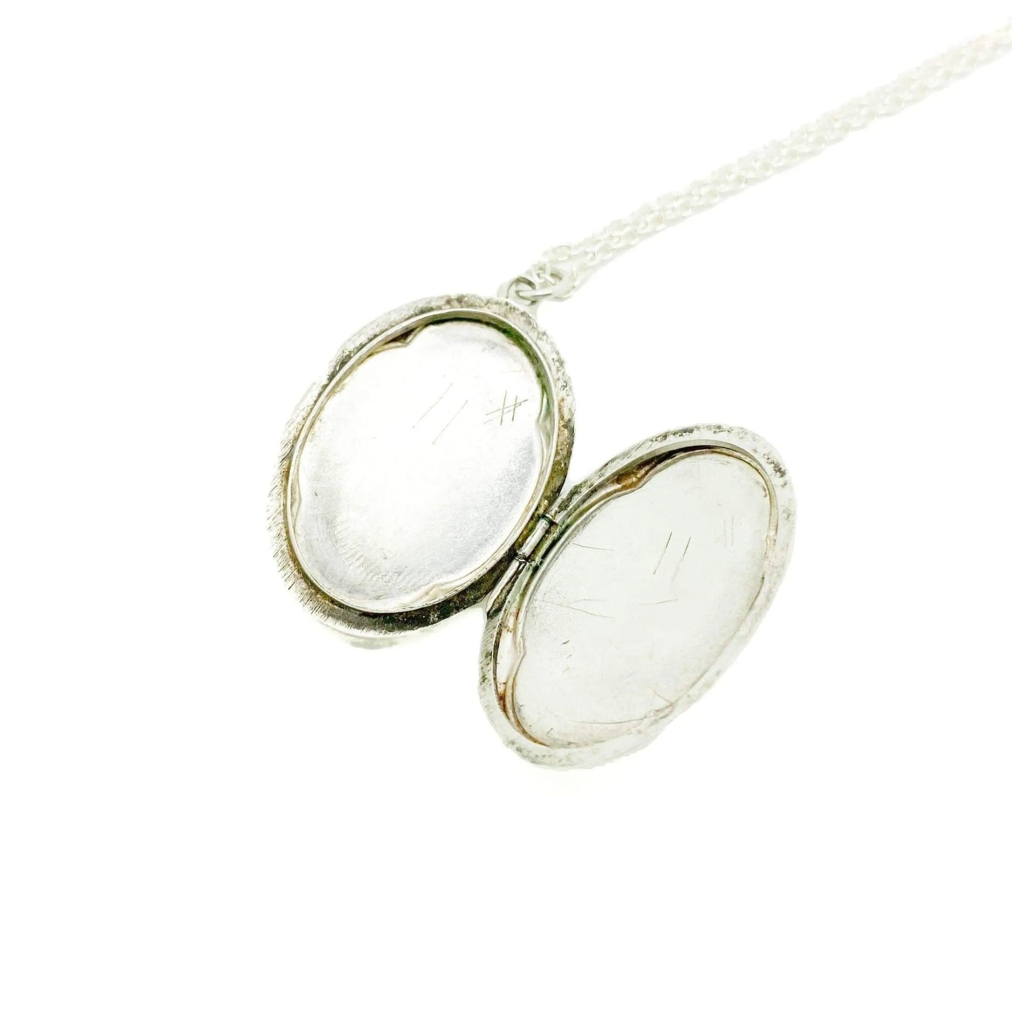 Vintage 1950s Oval Engraved Silver Locket Necklace, view 3