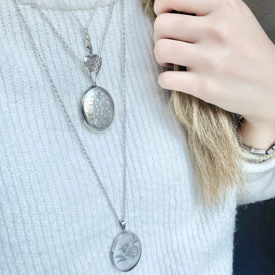 Reserved - Vintage 1960s Thistle Silver Oval Locket Necklace