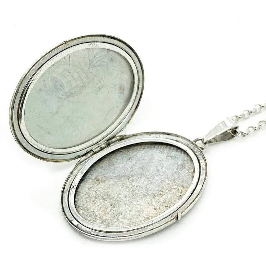 Reserved - Vintage 1960s Thistle Silver Oval Locket Necklace