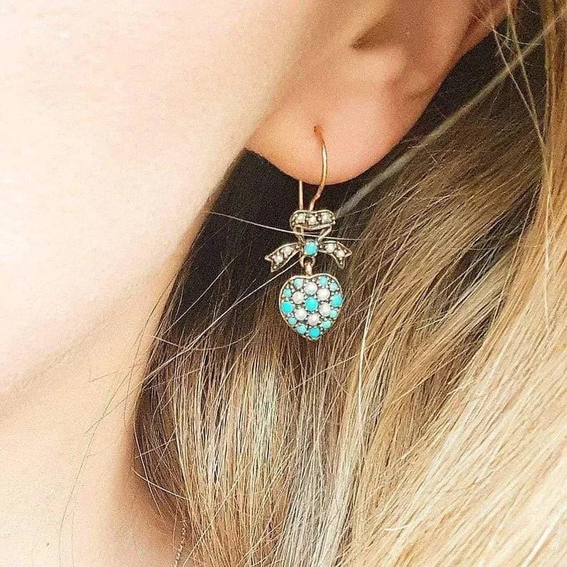 VENDIDO - Pendientes de oro de 9 quilates estilo victoriano moderno corazón turquesa, view 2