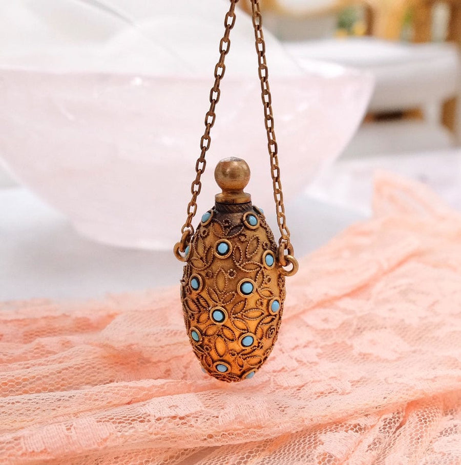VICTORIAN Accessory Antique Victorian Brass Turquoise Ornate Perfume Scent Bottle Mayveda Jewellery