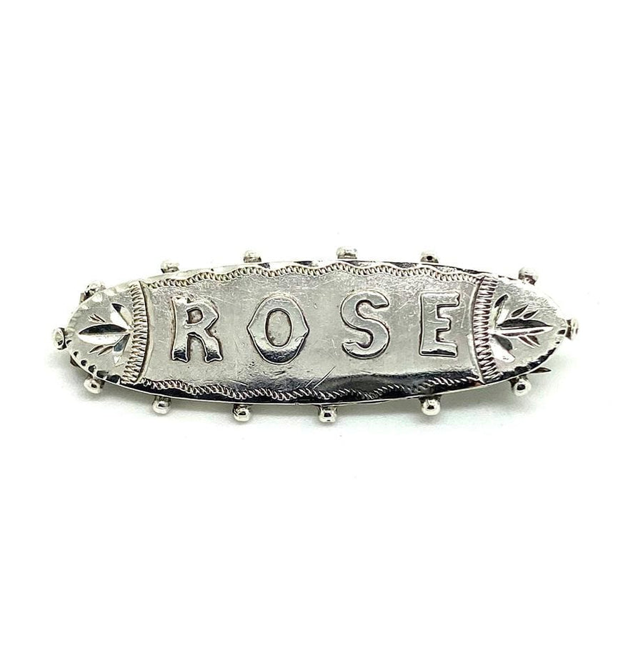 Antiguo broche de plata con el nombre de 'Rose' victoriano de 1891