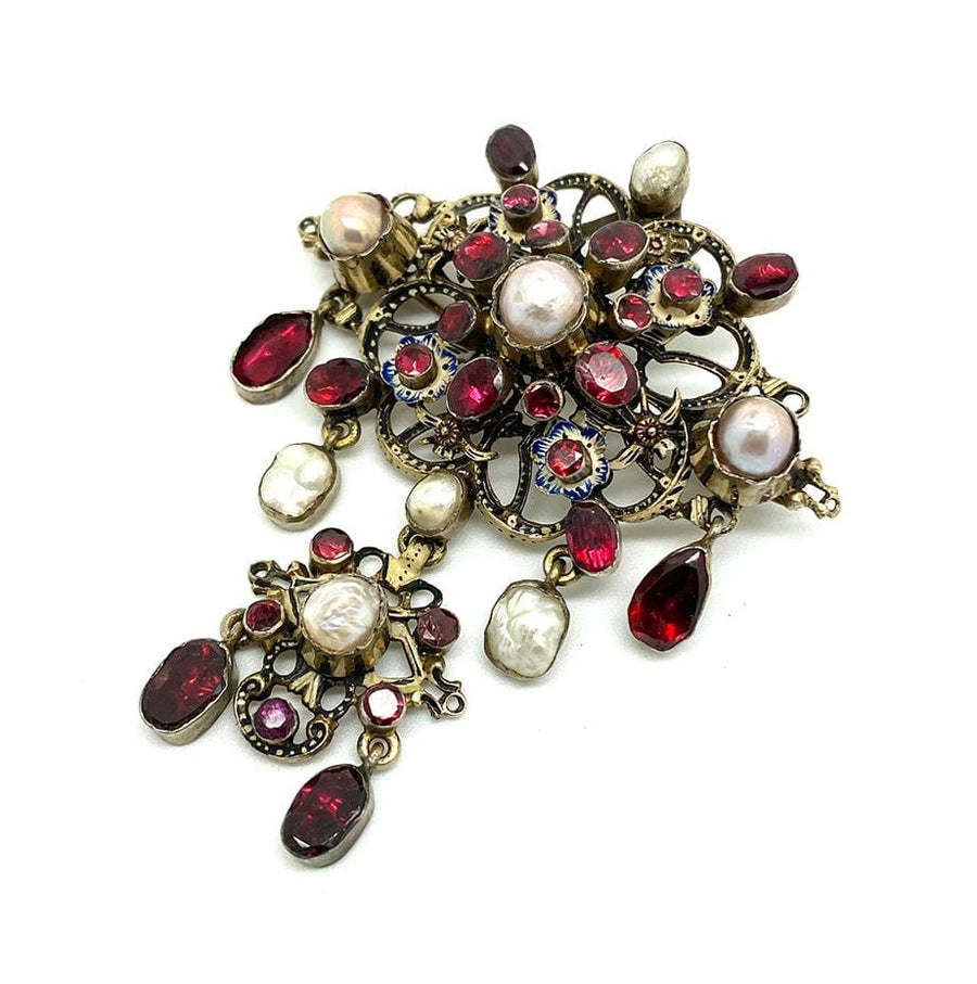 VICTORIAN Brooch Antique 1900 Austro-Hungarian Garnet Baroque Pearl Brooch Necklace