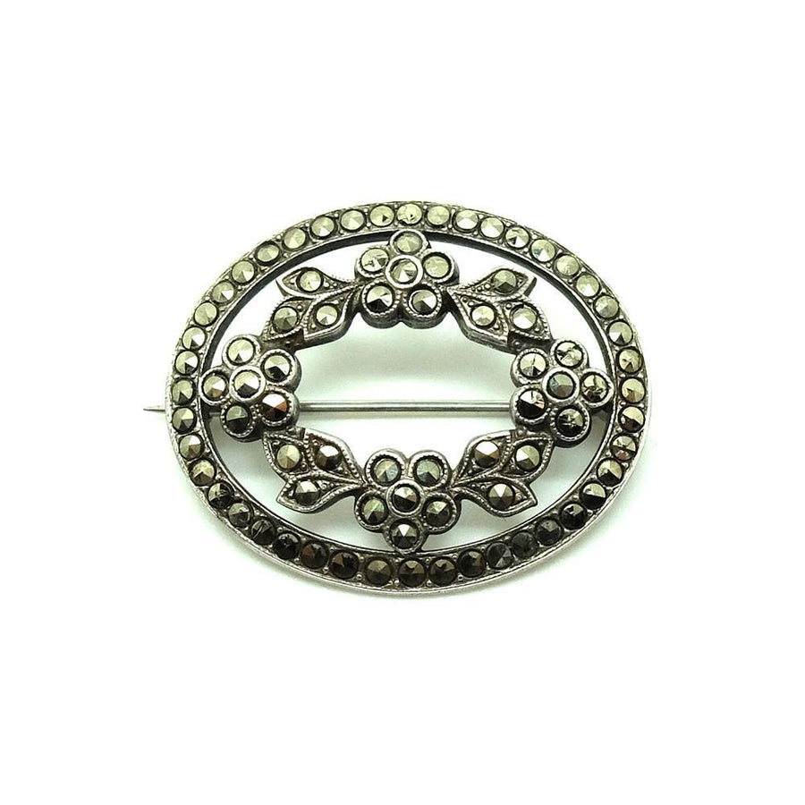 Antique Victorian (1837-1901) Marcasite Oval Flower Brooch