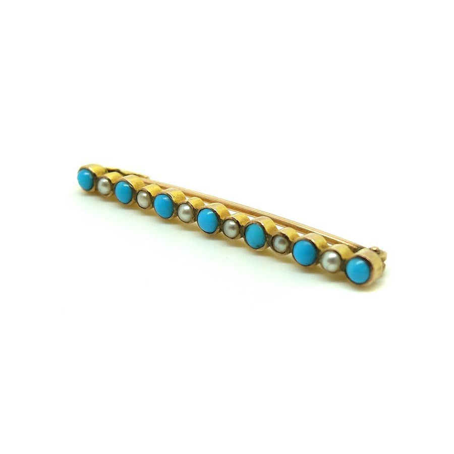 Antique Victorian (1837-1901) Pearl & Turquoise Gold Bar Brooch