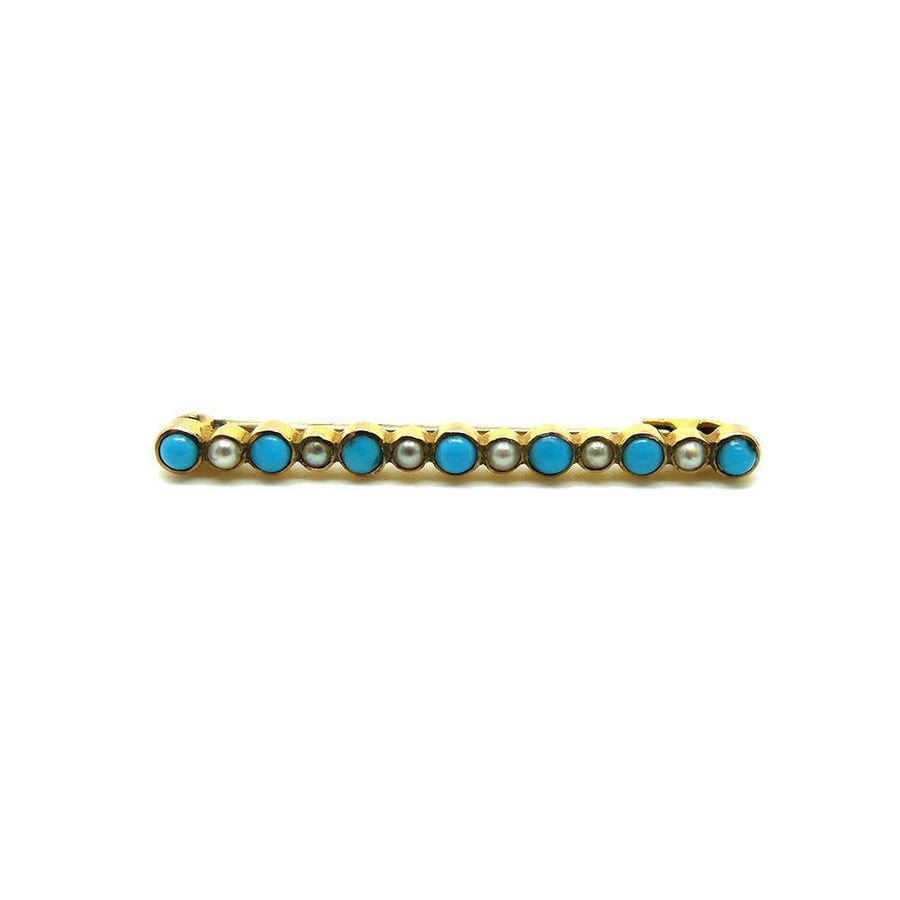 Antique Victorian (1837-1901) Pearl & Turquoise Gold Bar Brooch