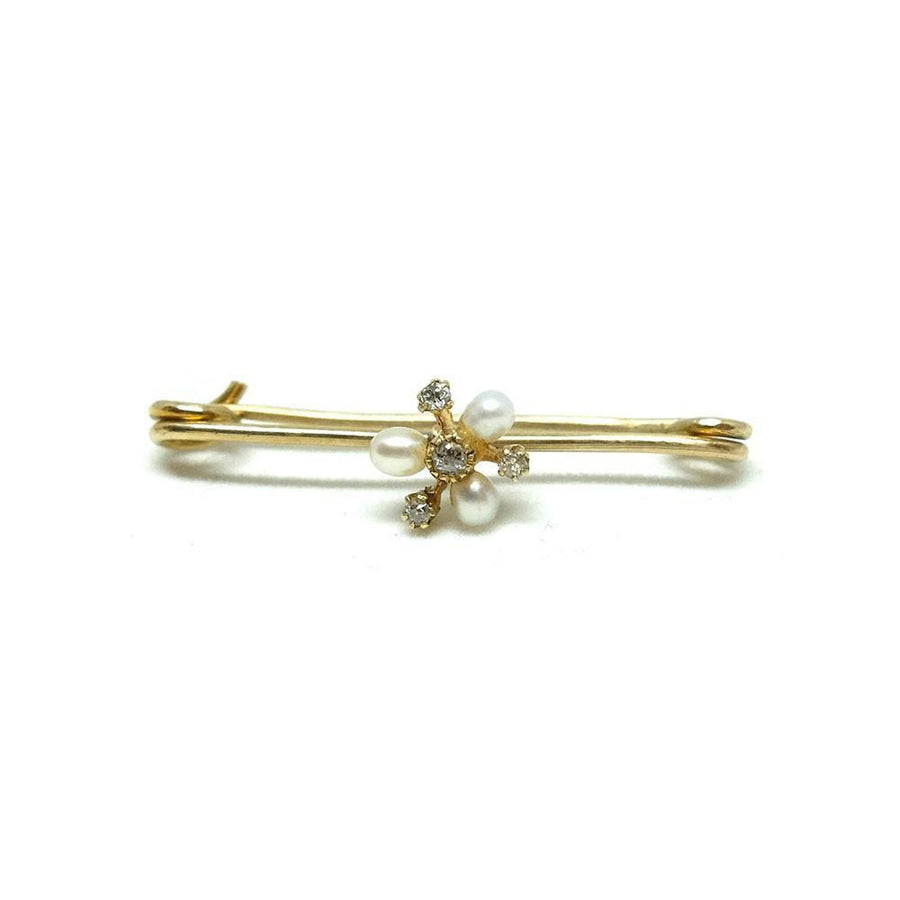 Antique Victorian 9ct Gold Diamond & Pearl Bar Gemstone Brooch
