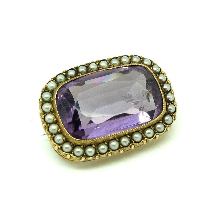 Antique Victorian Amethyst Glass Seed Pearl Brooch