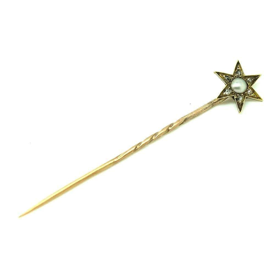 Antique Victorian Diamond Pearl Star Cravat Pin Brooch