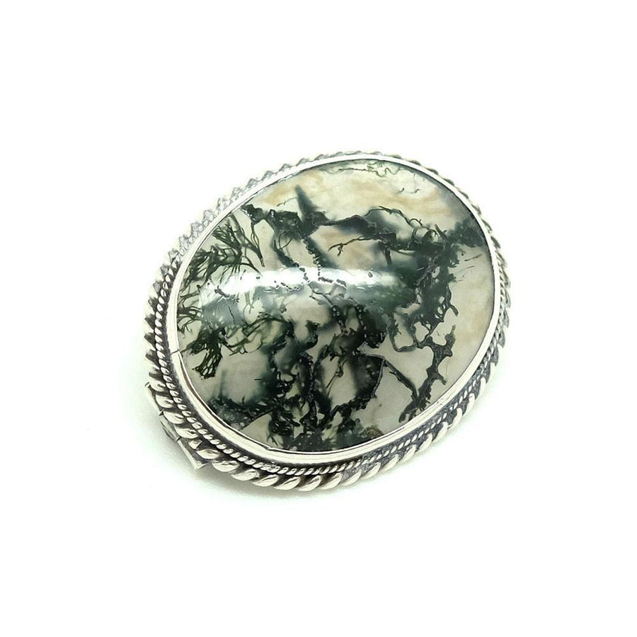 Antique Victorian Moss Agate Silver Brooch Pin
