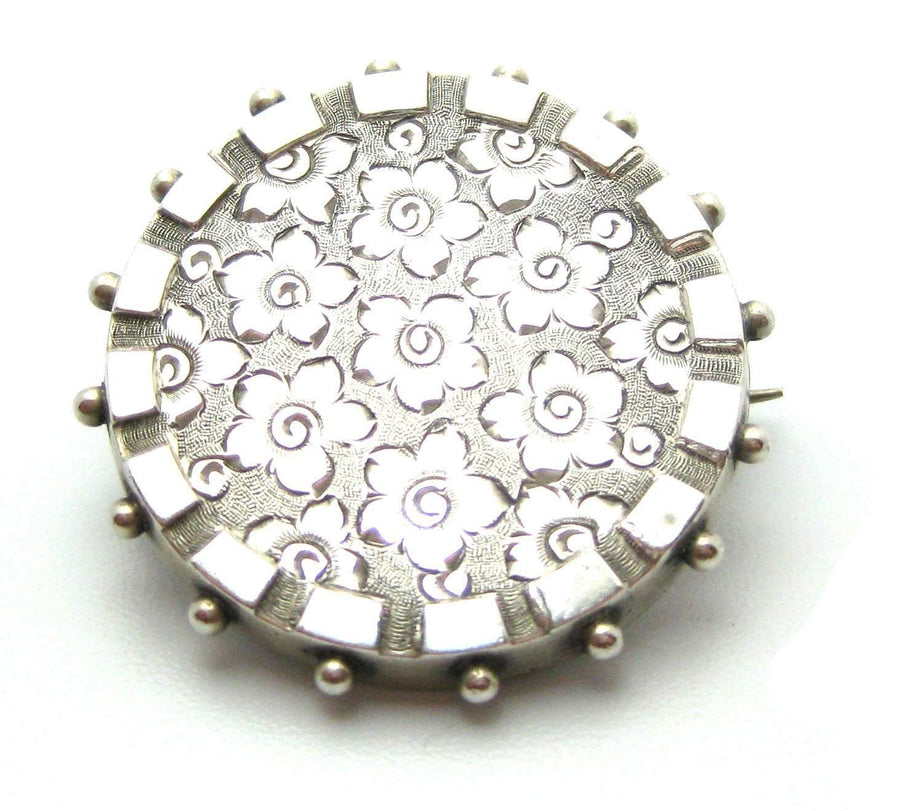 Antique Victorian Silver Etched Flower Brooch