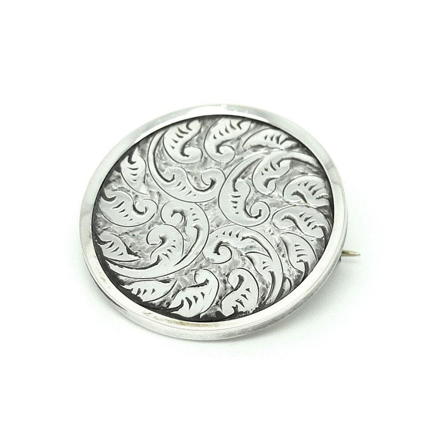 Antique Victorian Silver Round Engraved Brooch