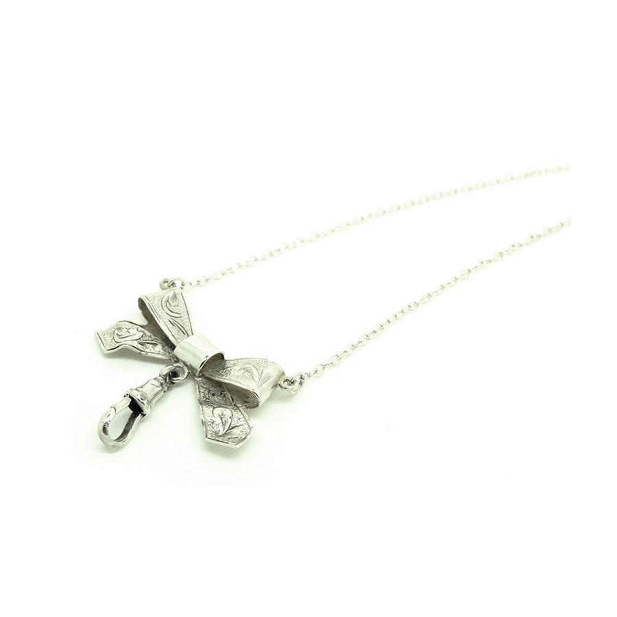 Vintage 1960s Engraved Sterling Silver Bow Necklace