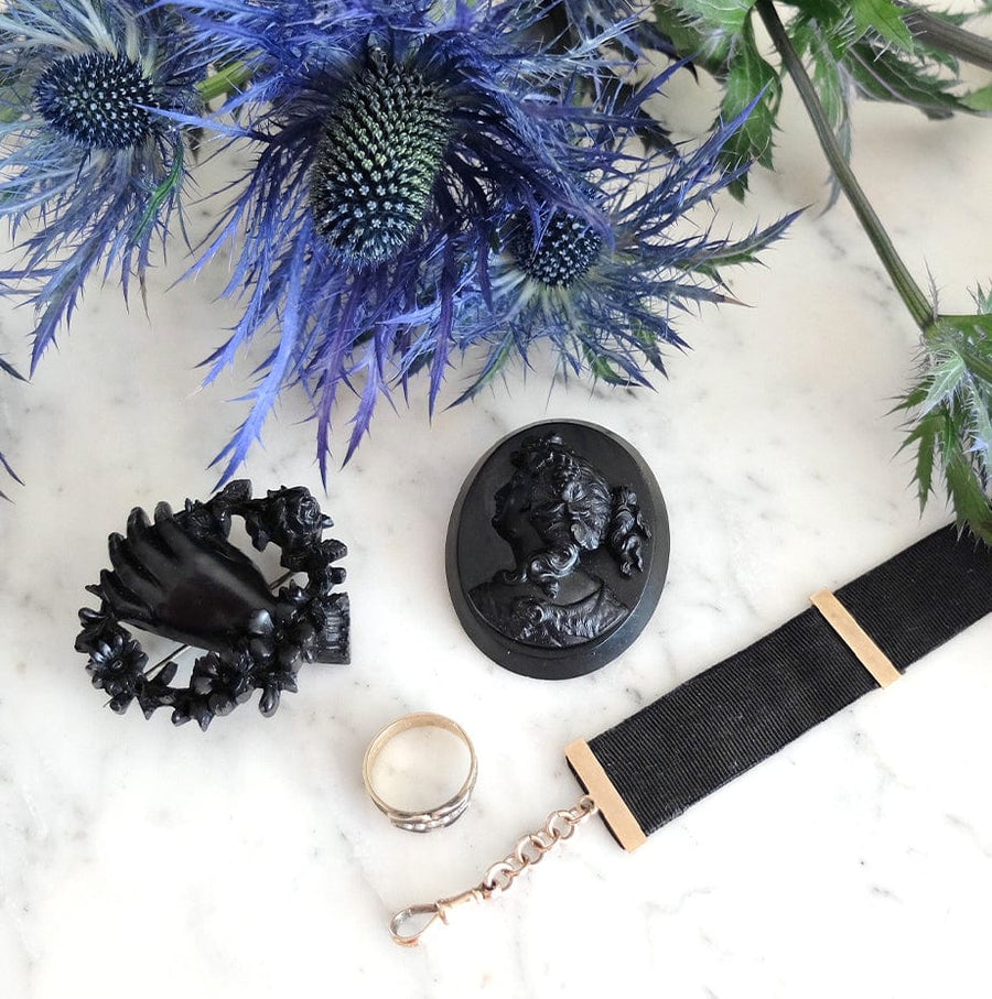 VICTORIAN Brooches & Lapel Pins Antique Victorian Jet Hand Floral Wreath Mourning Brooch Mayveda Jewellery