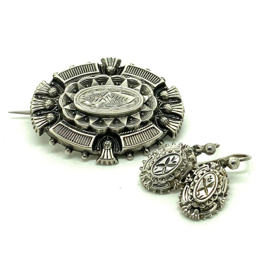 VICTORIAN Brooches & Lapel Pins Antique Victorian Silver Thistle Mourning Brooch and Earring Set Mayveda Jewellery
